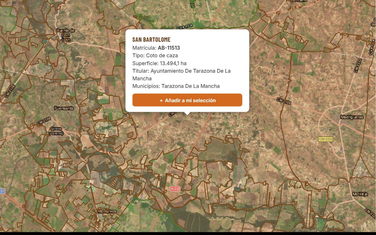 Mapa de cotos de CazaNocturna: el coto San Bartolomé sobre imagen de satélite, con su matrícula, superficie y titular